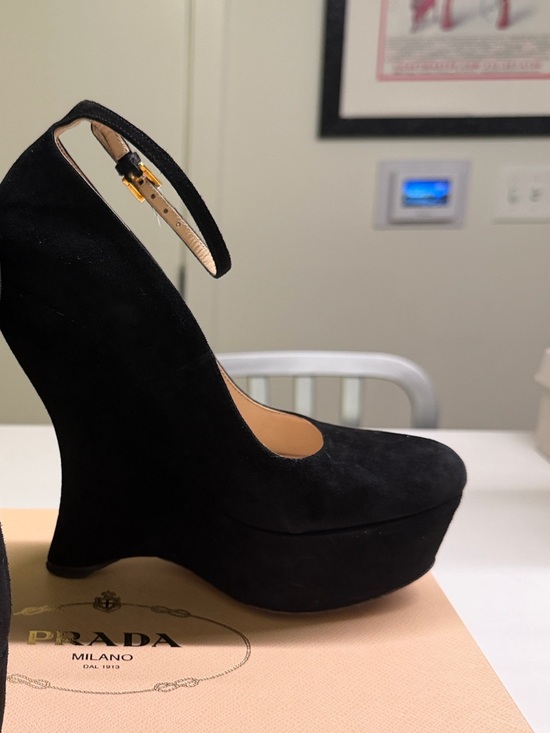 Prada Shoes - Prada Black Suede Platform Wedge Heels Ankle Strap Size 38 (US 8) With Box